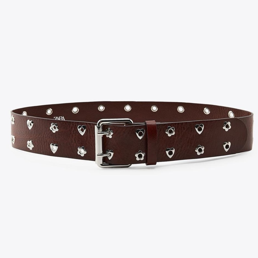 Zaraโ LEATHER HEARTS AND FLOWERS BELT Dark Brown Belt with Silver Details